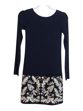 Bailey44 Navy Long Sleeve Jersey Knit Dress with Cream Embroidered Hem Size XS